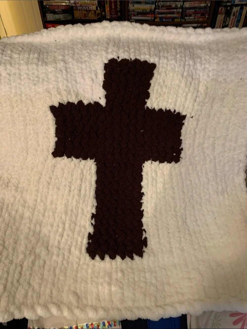 Chunky Hand Knitted Plush Lap Throw Blanket With Brown Cross 40x43